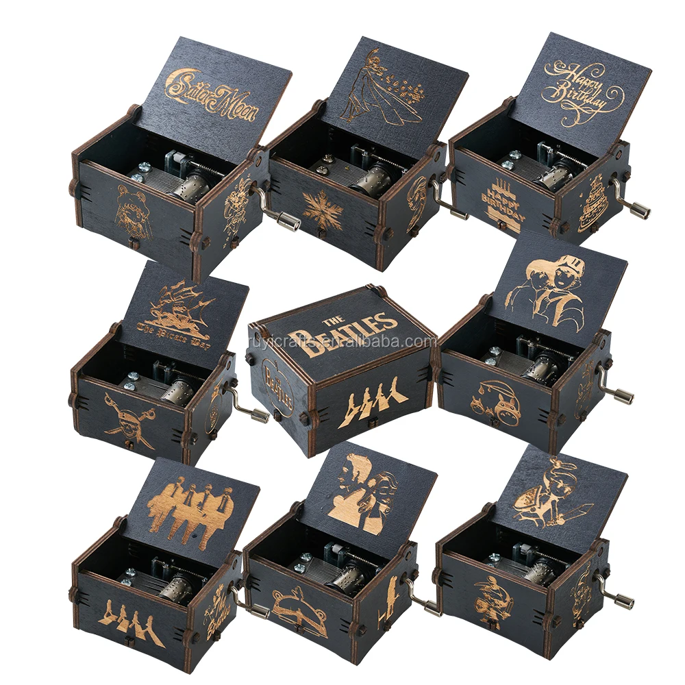 Wholesale New Arrival 2019 Black Hand Cranked Wooden Music Box Sailor Moon Pink Panther Bealtes Spirited Away for Gifts