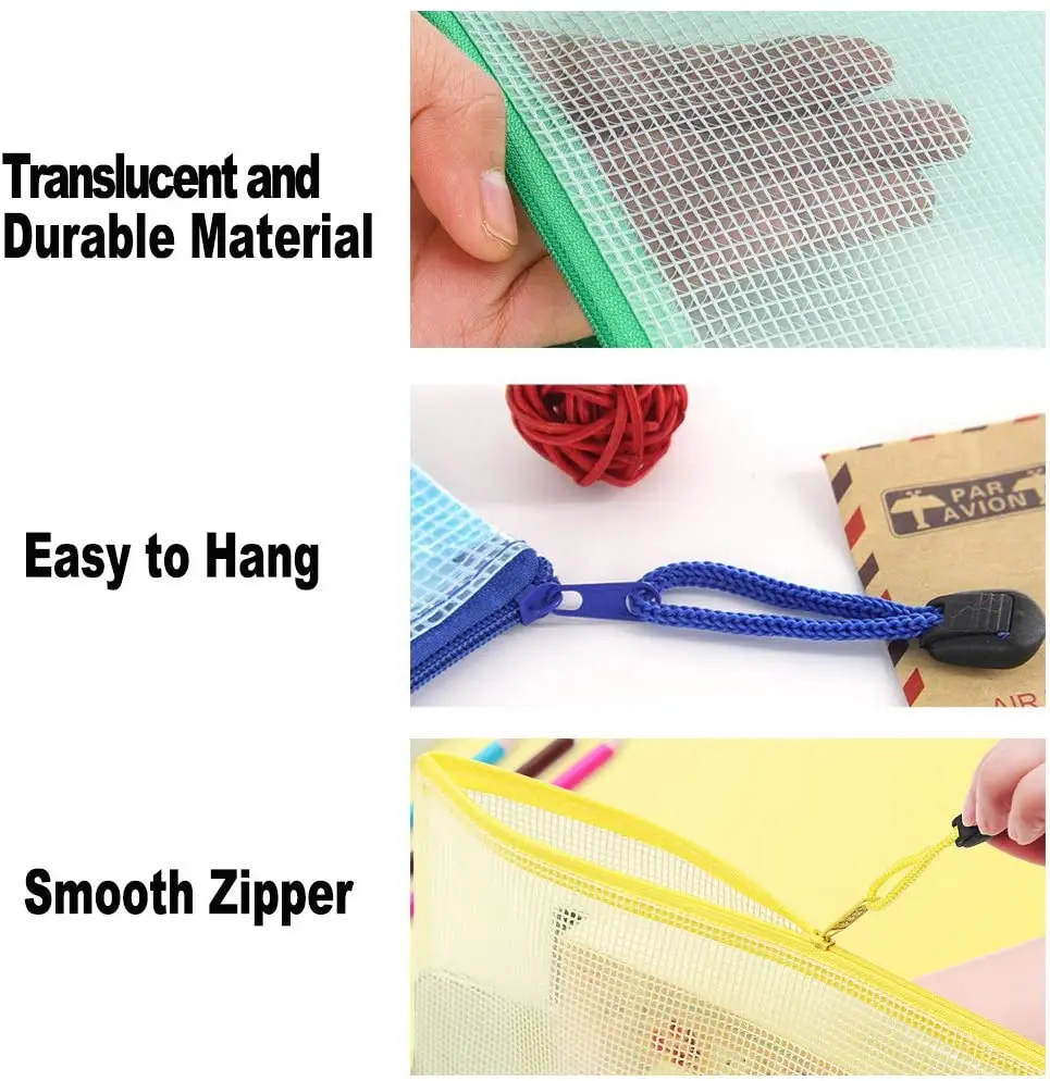 Mesh Zipper Pouch Document Bag Plastic Zip File Folders Letter Size A4 Size for School
