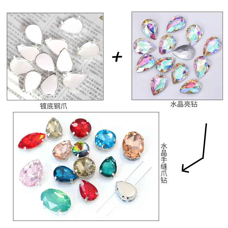 Mixed Size Shaped Rhinestones Flat Back Glass Crystal Drop Ab Diamond for Crafts Clothes Garment Sew on Rhinestone with Claw