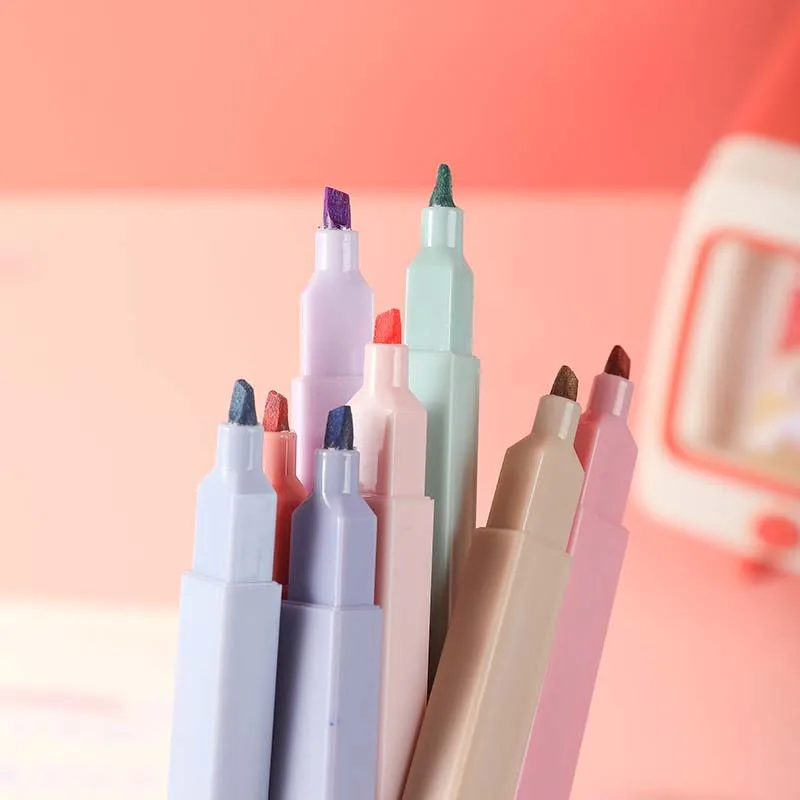 Square Barrel Light Color Pastel Long Lasting Dual Flat Tip Oblique Highlighter Marker Pen For Kids