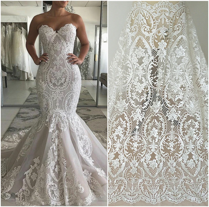 Factory Wholesale Embroidery Sequins Lace Wedding Dress Fabric High Quality