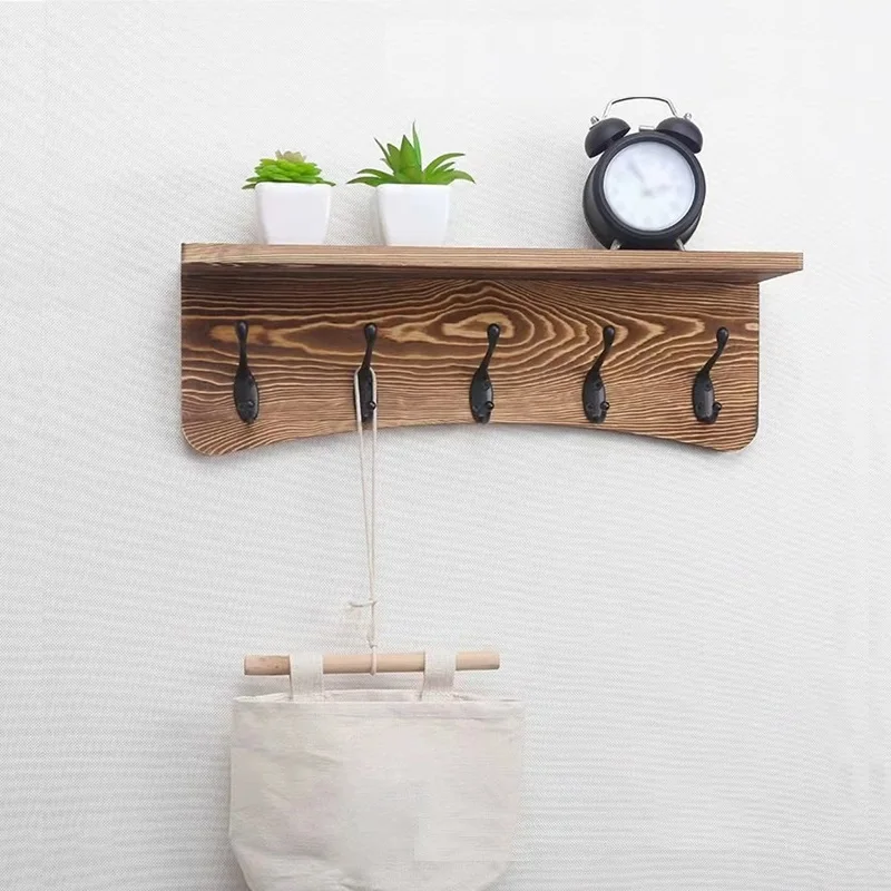 Vintage Wood Wall Shelf with Hooks for Entryway Wall Coat Rack for Hanging Coat Jacket Backpack Wall Mounted with Upper Shelf