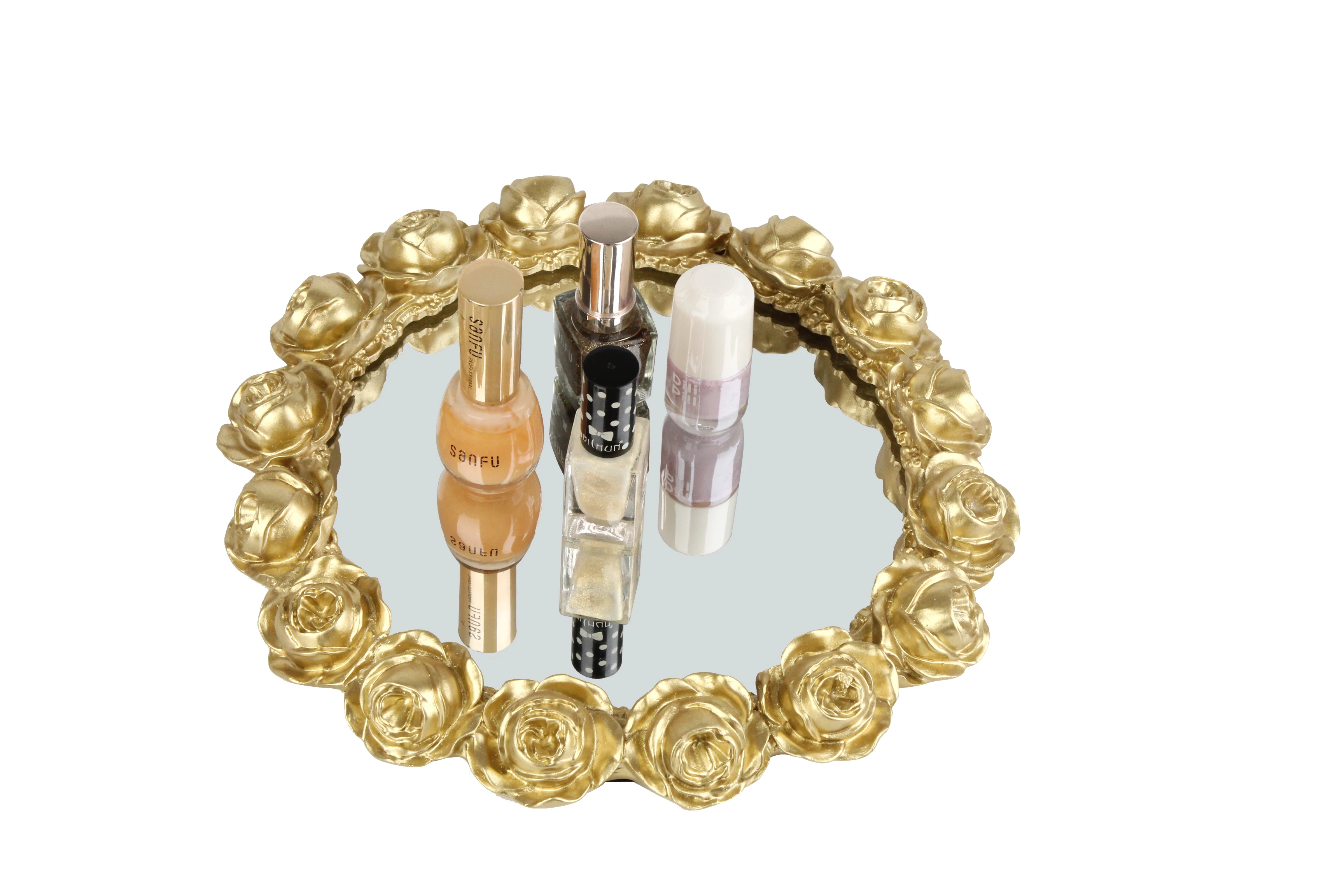 Nordic style round retro carved gold mirror tea fruit dessert coffee dessert table storage tray