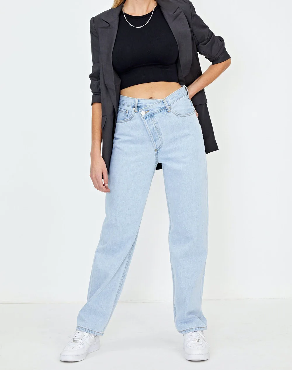 Fashion High Quality Retail Women Denim Pant Ladies baggy Crisscross Boyfriend Tall Girl Blue Straight Trendy Mom Jeans