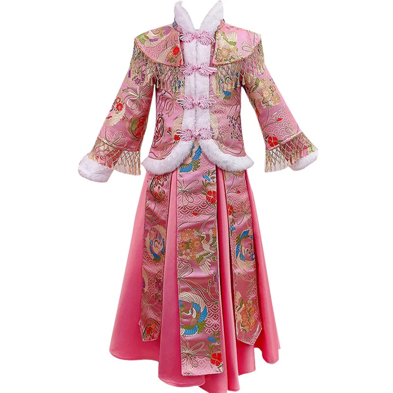 Chinese Hanfu Style Clothing For Girls Kids Pink Plush Embroidery  Costume Winter Long sleeved Fancy Clothes Dress set for girl