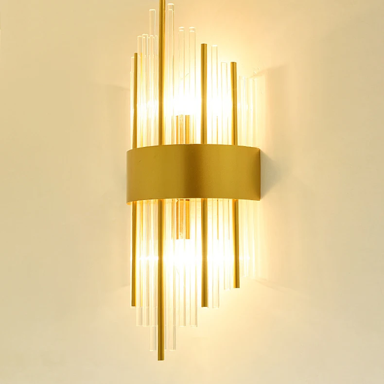Hotel luxury glass tube wall light Modern golden crystal wall scone light