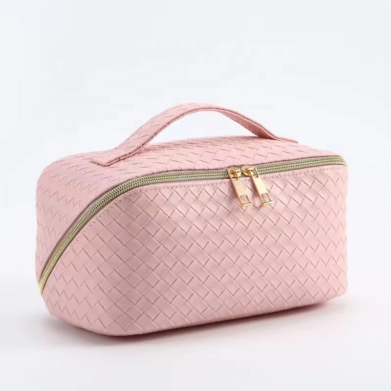 Large Capacity Waterproof Cosmetic Bag PU Leather Travel Cosmetic Bag Makeup Bag with Handle for Women