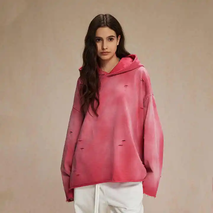 high quality new custom hoodies pink Hip pop vintageTerry acid wash heavyweight distressed hoodie