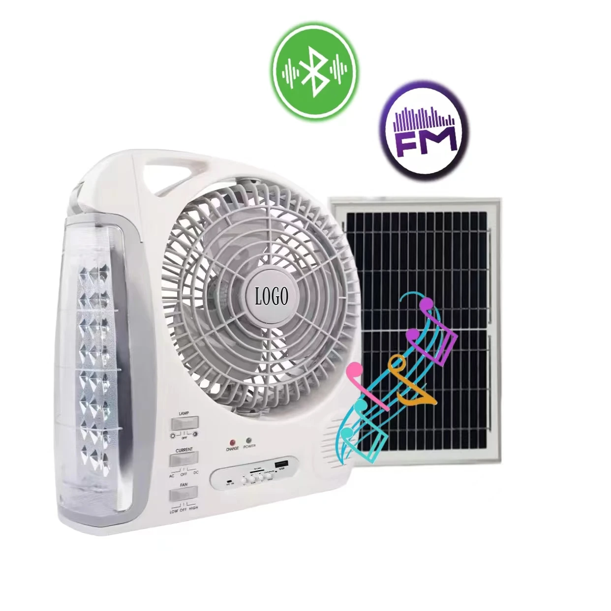 8 Inches Solar Table Fan with Solar Panel Bluetooh Speaker FM Radio USB Port for Home Desk Bedroom Outdoor Office