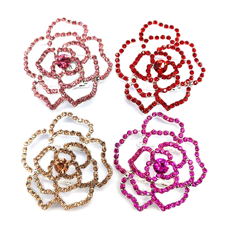 Luxury Silver Metallic Rose Flower Shape Crystal Rhinestone Ribbon Slider Buckle For Wedding Invitation Card DIY Bow Decoration