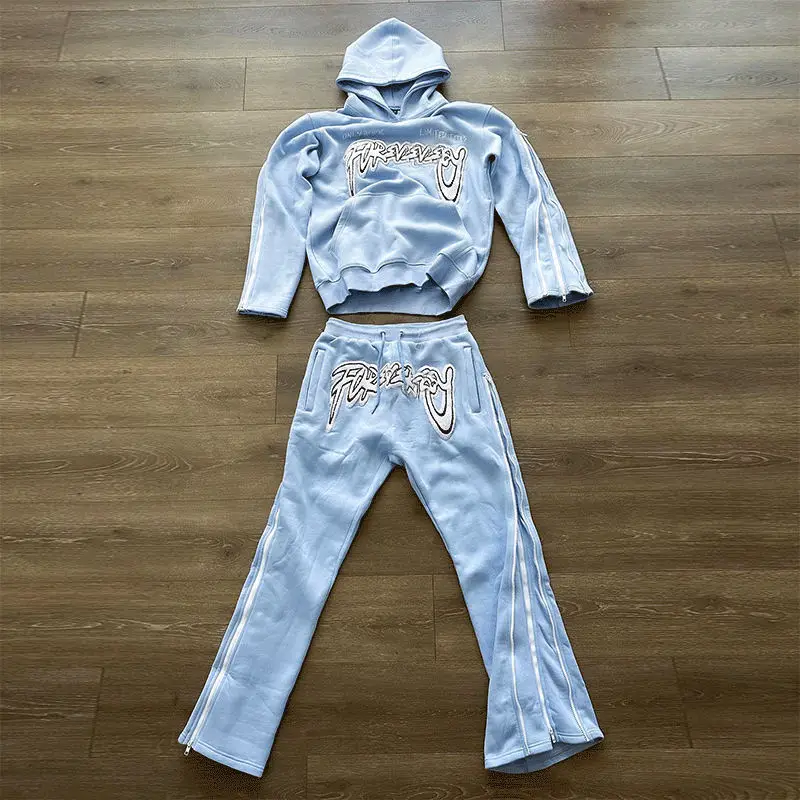 Custom Pullover Heavyweight Hoodies Flared Joggers Sweatsuits Unisex Sweatpants Sets Tracksuit Men Suits Set Side Strip Zipper