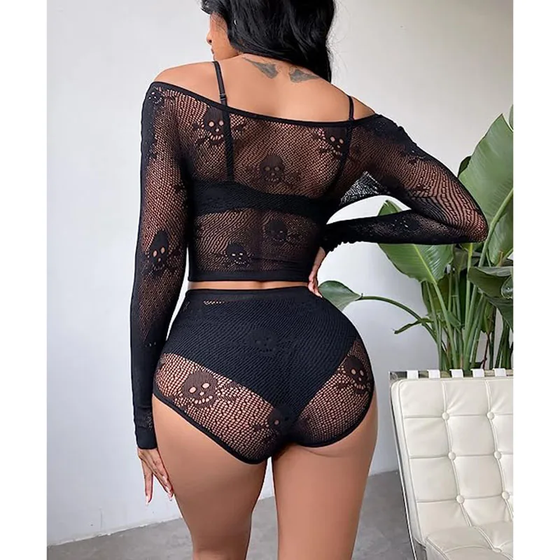 Women crop top and panties woman mesh bodysuit black color fishnet off the shoulder lingerie sets