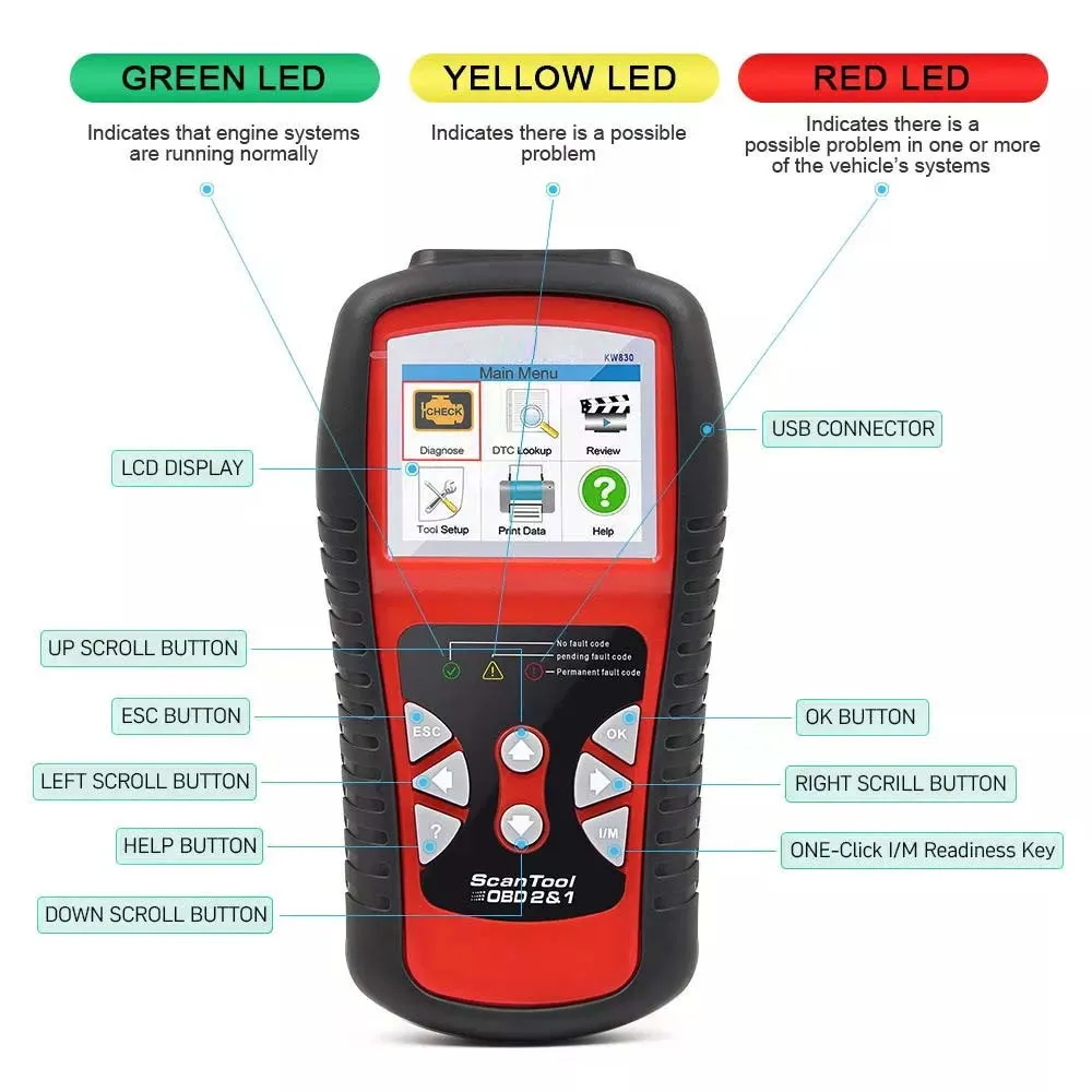Car Scanner KW830 ODB II Universal Diagnostic Tool Check EOBD Error OBD2 Code Reader Diesel Battery Teste OBD Auto Engine Fault