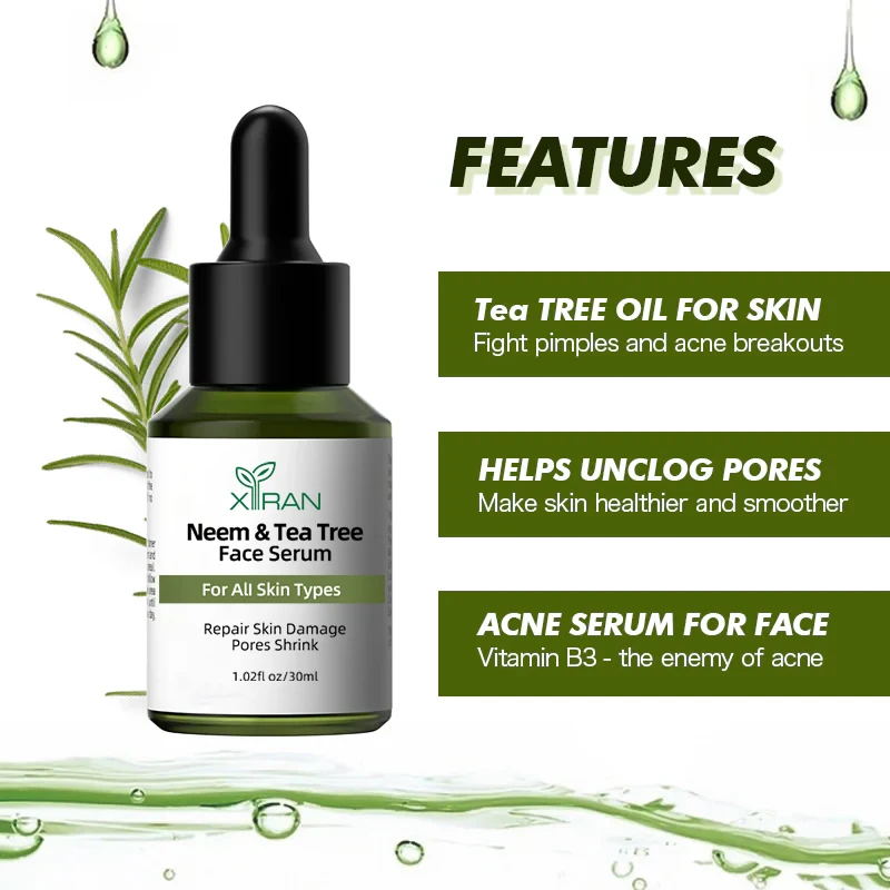 OEM Private Label 100% Natural Neem & Tea Tree Face Serum Smooth Repair Skin Damage Pores Shrink Hyaluronic Acid Serum For Face