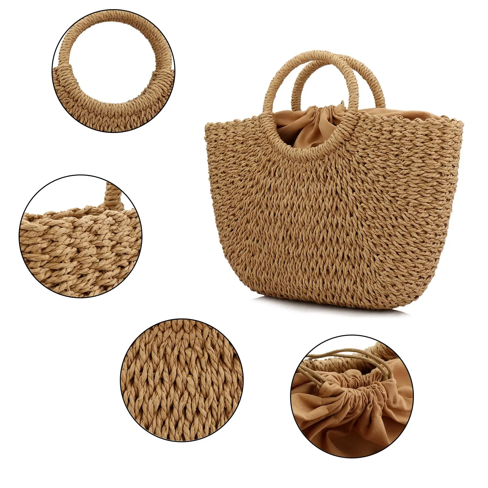 Handmade Wicker Grass Woven Purse Oval Brown Straw Boho Shoulder Bags Round Rattan Bag Beach Stray Fitted Bag Basket for Women