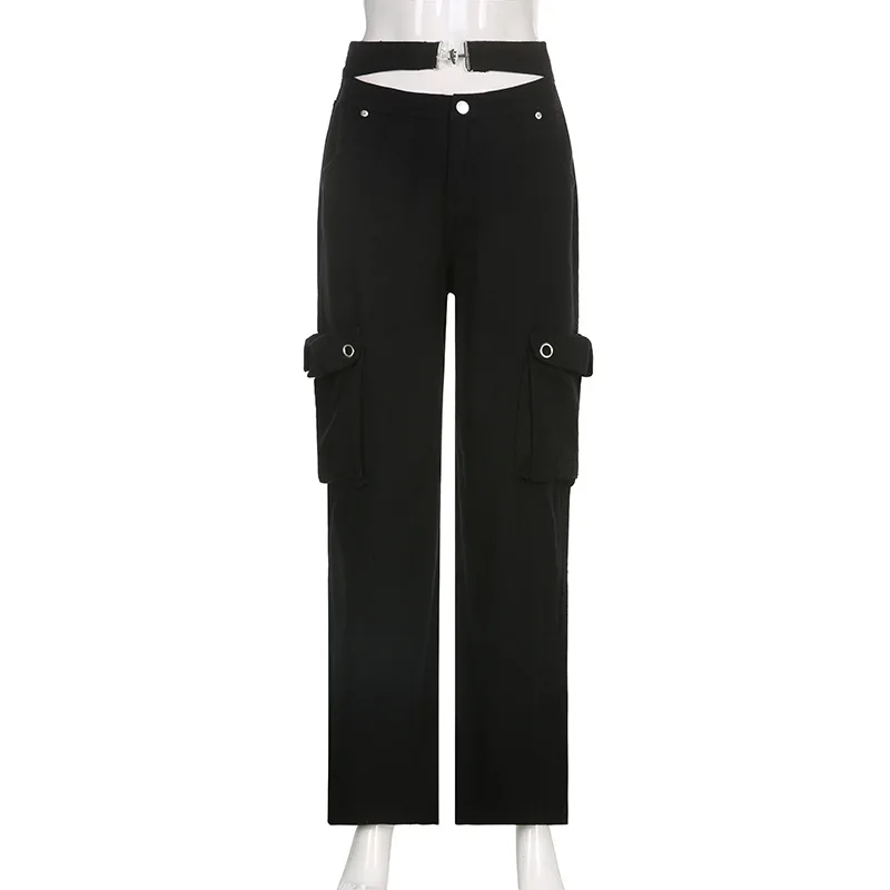 Boyfriend style buckle waist denim cargo pants high waist wide leg baggy women jeans