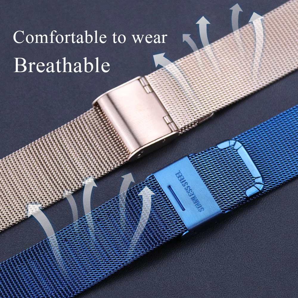 Watch Strap Band 8mm 10mm 12mm 14mm 16mm 18mm 20mm 22mm 24mm Rose Gold 304 Stainless Steel Mesh Milanese Loop Replacement