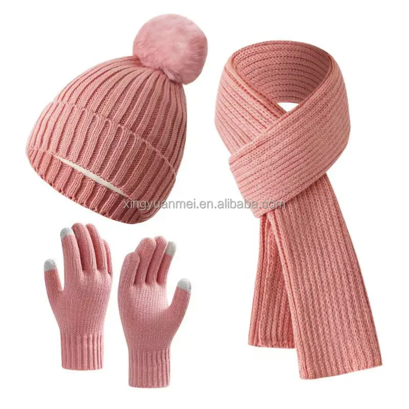 Beanies Baby Hat Pompom Winter Children Hat Knitted Cute Cap Scarf Gloves Suit For Girl Boy Casual Solid Color Hat Baby Beanies