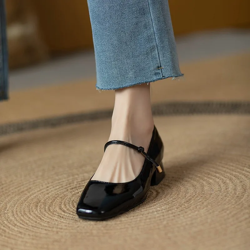New Strap Women Pumps Spring Shoes Square Toe Thick Block Heels Girls Mary Jane Shoes