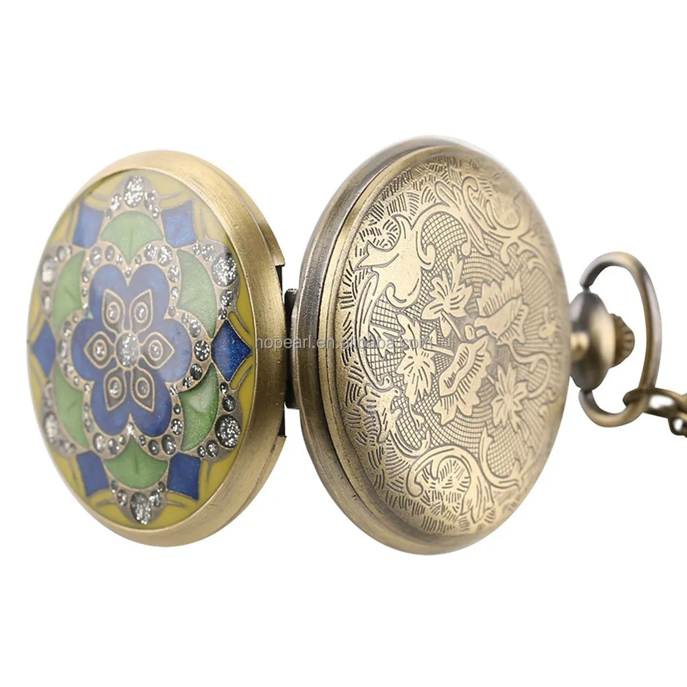WAH239 Vintage Cloisonne Enamel Flower Bronze Pocket Watch Necklace
