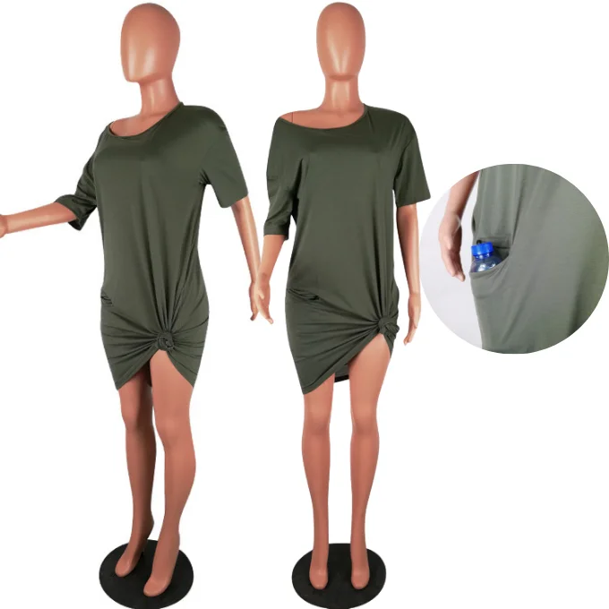 Custom 2022 Summer Women Pure Color Cold Shoulder Short Sleeve Casual T Shirt Dress Women Clothes