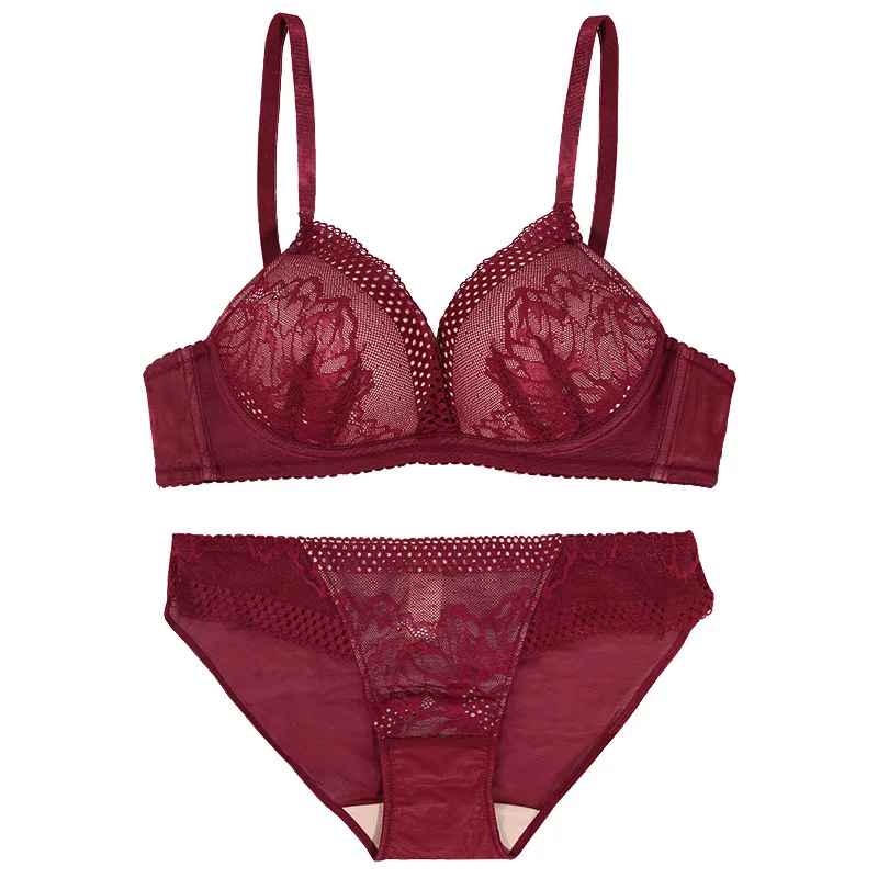 Lace Thin on The Bottom Thick Cup No Underwire Push-up Bra Underwear Set Women Sexy Adults Knitted Underwear and Support Set