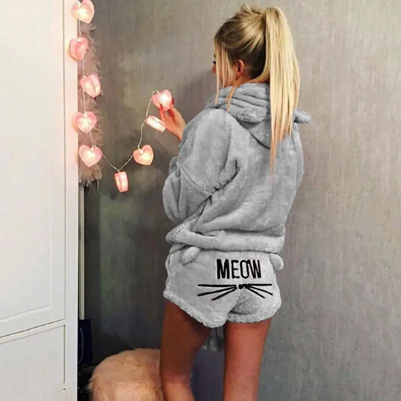 
Women Coral Velvet Suit Two Piece Autumn Winter Homewear Animal Pajamas Warm Sleepwear Cute Cat Hoodies Shorts Set 50% off 
