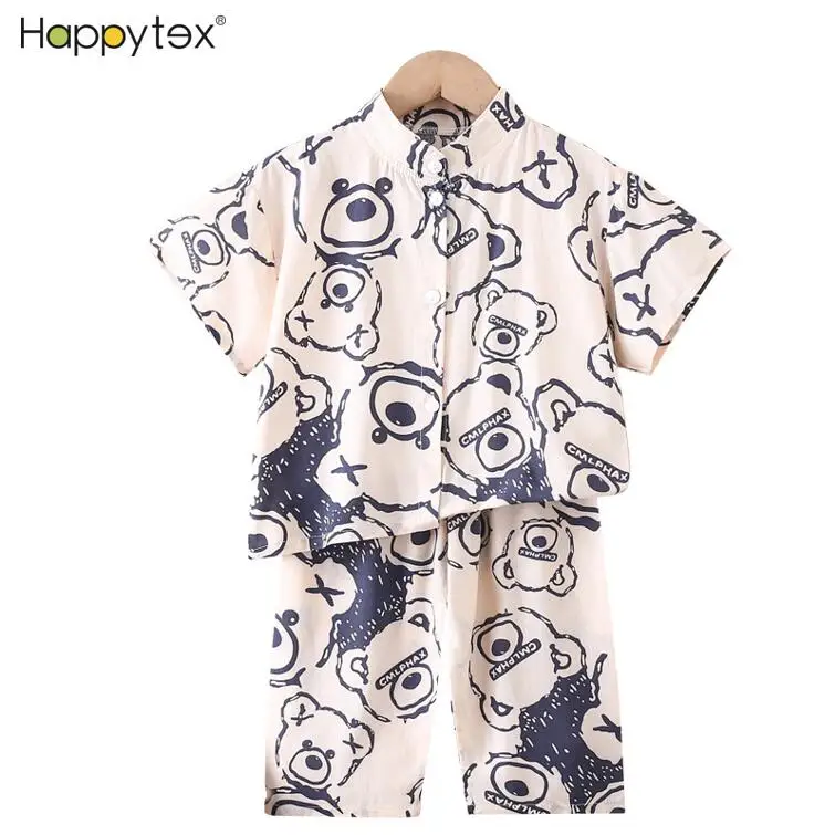 Fashion Chinese Style National Summer Girls Boys Sleepwear Soft Short Sleeve Top With Long Pants 2PCS Kids Pajamas For Home Wear