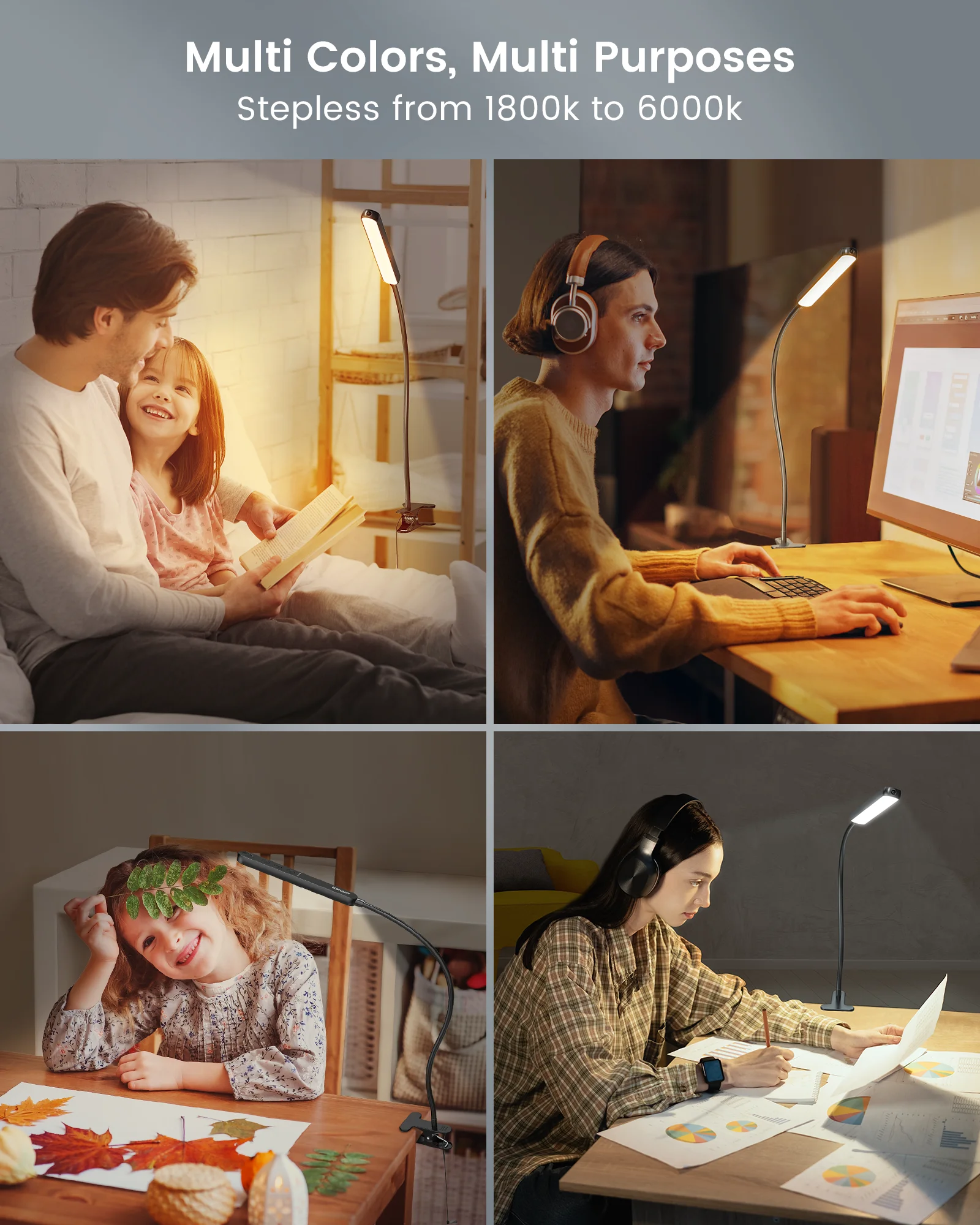 Glocusent 2023 New Design ODM/OEM Remote/Touch Control Read Light Bedside 38 LEDS Color Adjustable Book Light for desk