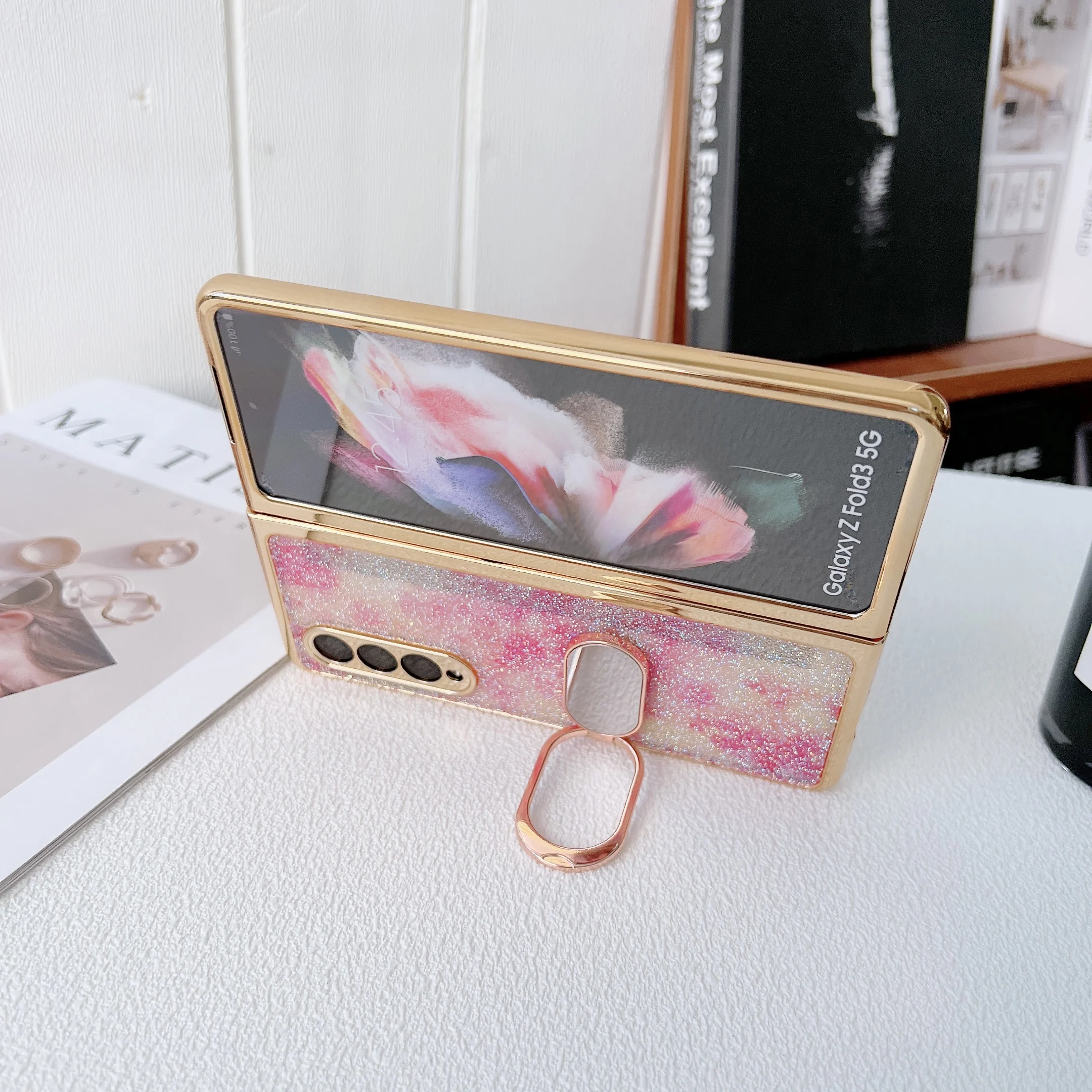 Luxury Glitter Case with Folding Mirror Ring Buckle Bling Phone Case Shell For Samsung Z Fold 3 Case