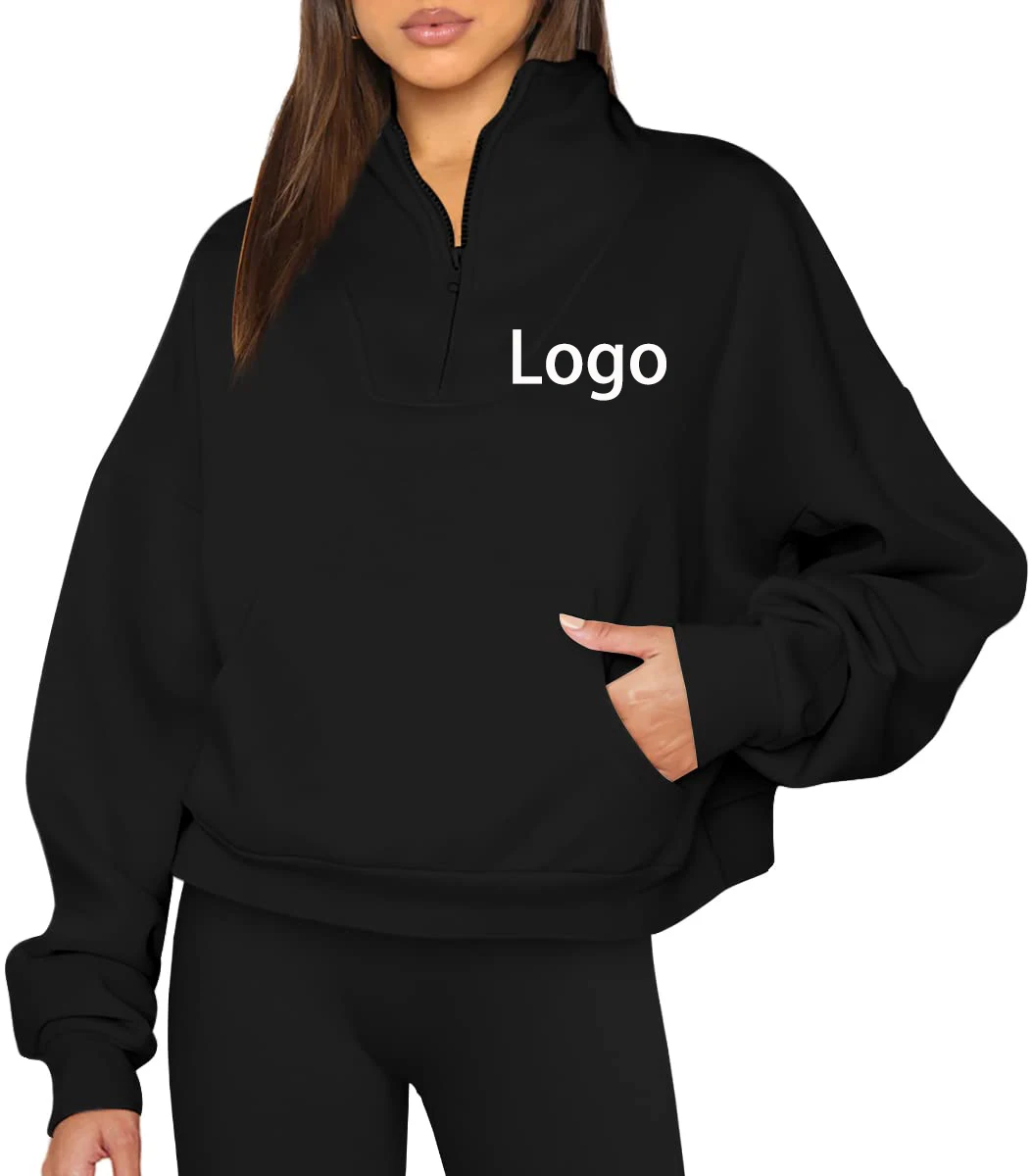 Wholesale Womens Oversized Half Zip Pullover Sweatshirts Long Sleeve Zip Fleece Hoodie custom logo  Girls Clothes