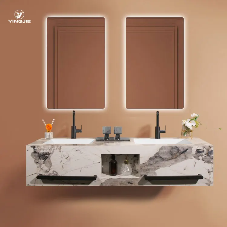 glossy Faux white Marble Integrated Sink Bathroom Vanity Top double Wash Basin with Storage Shelf Platform