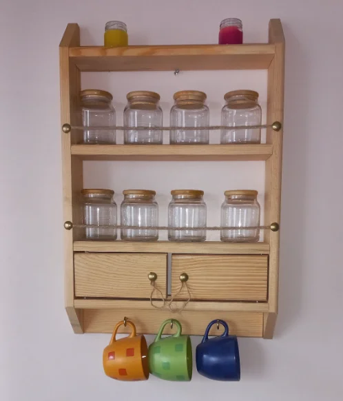 W63 Wooden Spice Rack Shelf with Drawer, Essential Oil Rack, Wooden Kitchen Organization