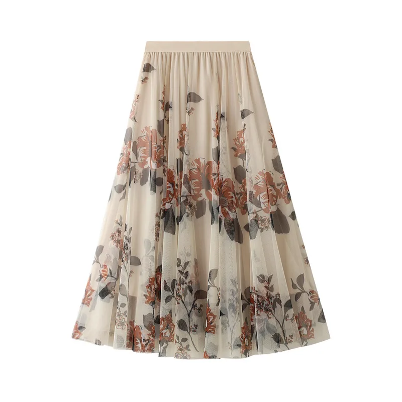 Korean Style Floral Print Spring Long Skirts for Women VD1711 High Waist Black Party Mesh Tulle Skirt jupe