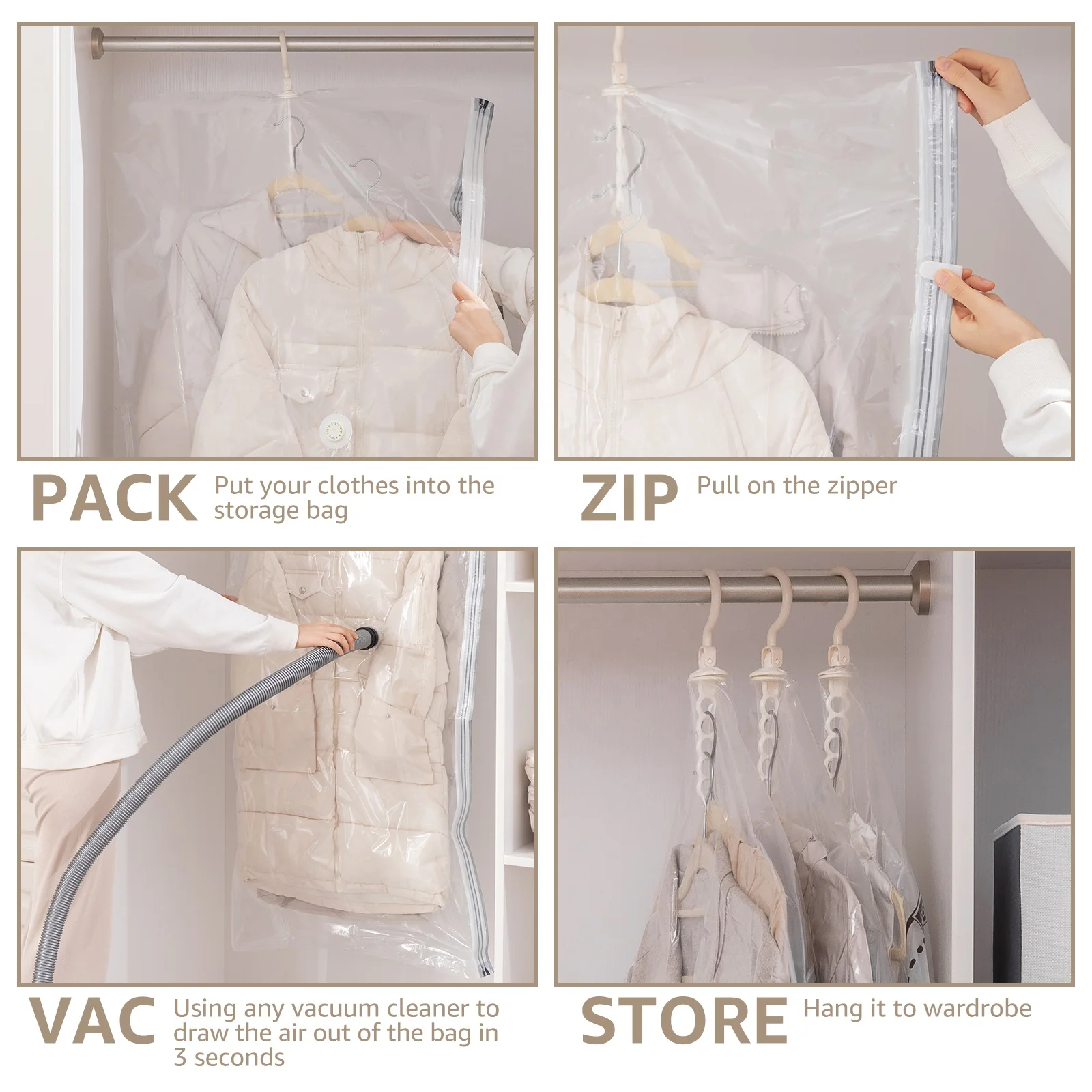Compressed Cloth Organizer Hanging Vacuum Storage Bag Pump Free Design Space Saver Compression Seal Storage Bag