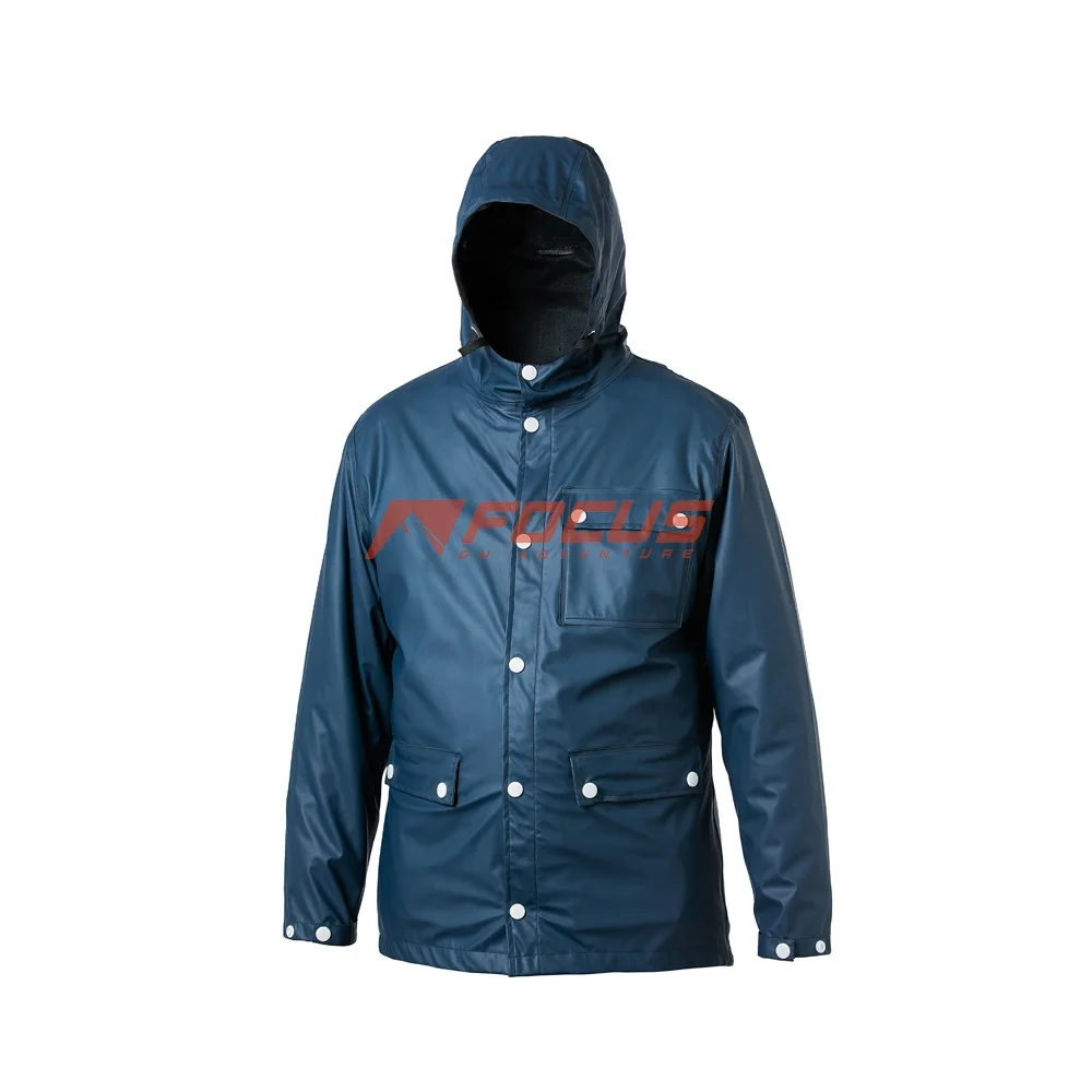 Custom Outdoor Casual PU Rainwear Fixed Hood Men PU Rain Coat Multi Pockets PU Rain Jacket