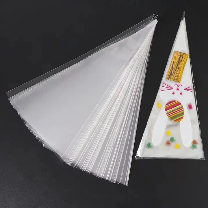 Bopp Transparent Triangle Cone Bags Plastic Cellophane Sweet Popcorn Candy Bags With Coloured Twist Ties For Party