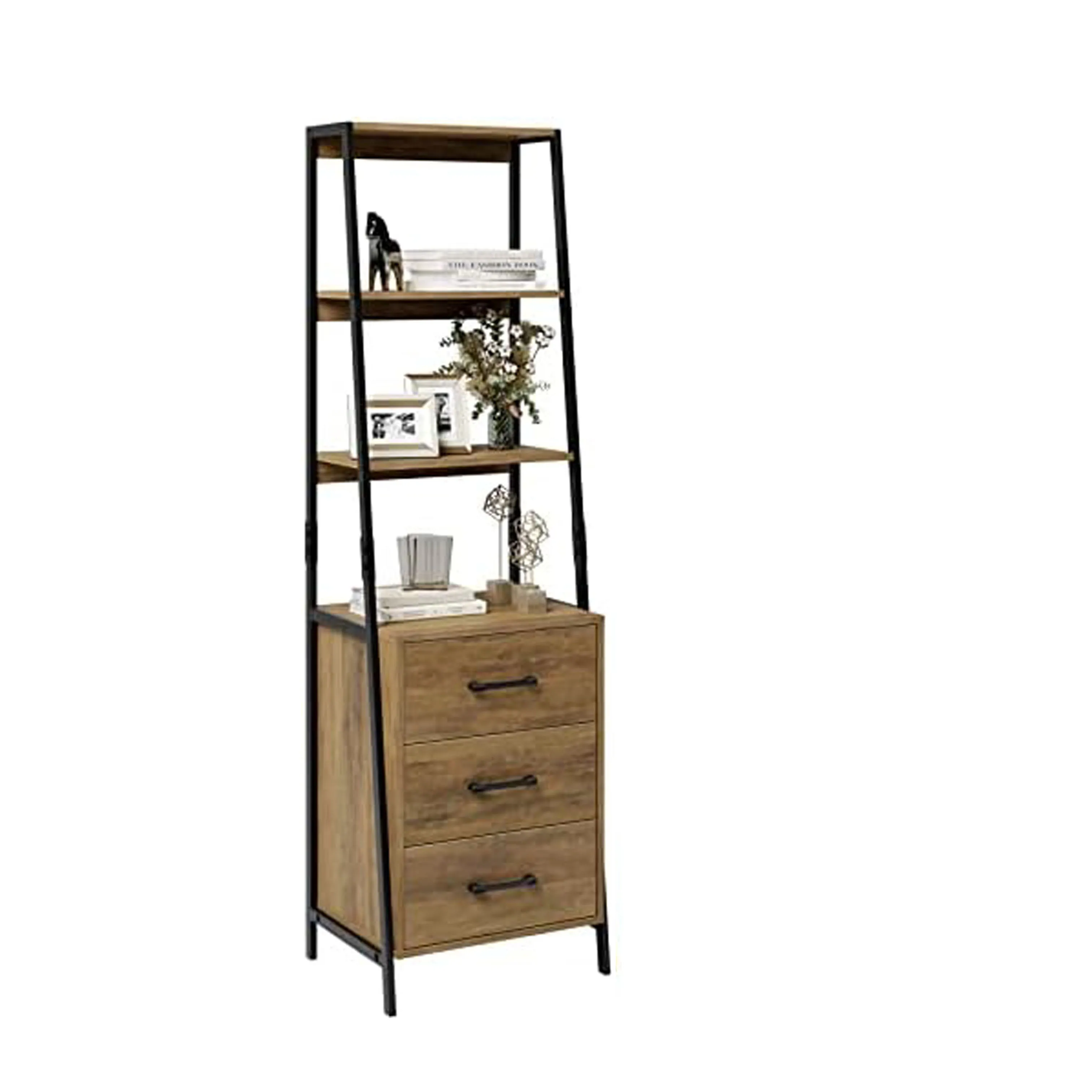 4 Tier Bookcase High Bookcase with 3 Wooden Drawers Modern Bookcase Storage Box for Living Room Hallway Office Rustic Brown
