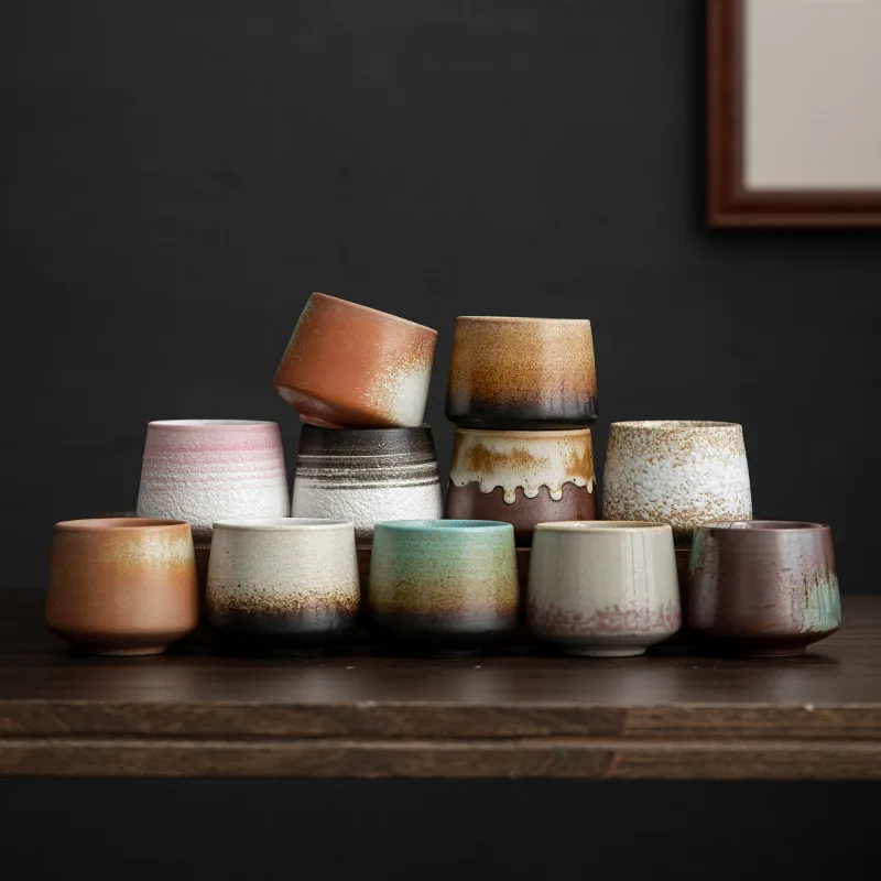 Japanese Retro Stoneware Teacup Colorful Vintage Coarse Pottery Countertop Ecocoffee Porcelain Ceramic Mug Cup Without Handle