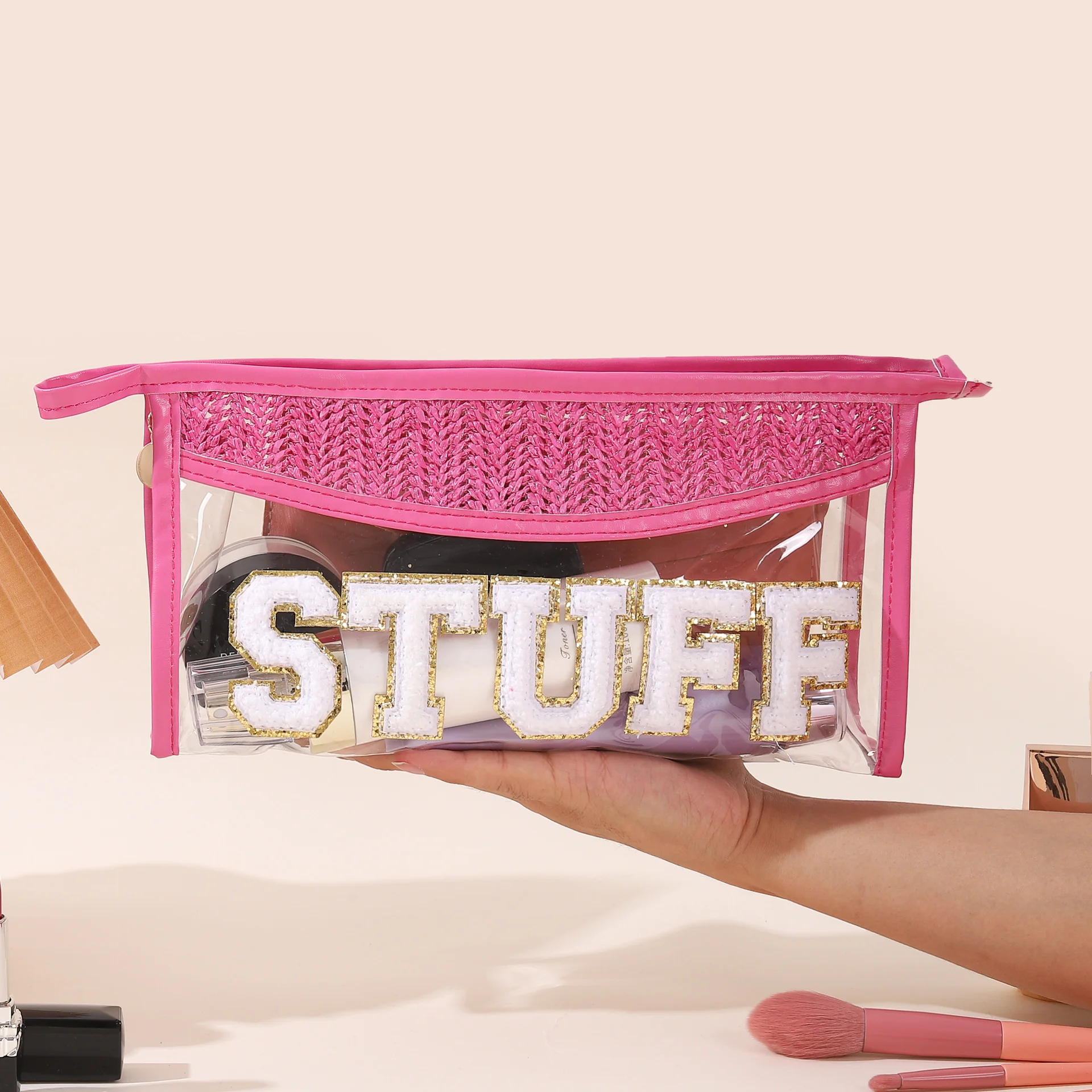 New Arrive Transparent PVC Makeup Bag With  Embroidery Letter Patch Girls Straw Plaited Article Clear Personality Cosmetic Bag
