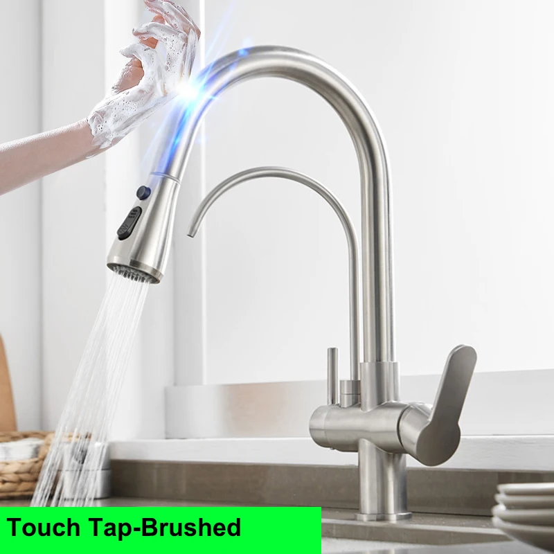 Grey Touch Mixer Tap Solid Brass Hot Cold Kitchen Fixture Pull Out Kitchen Taps Smart Sensor Touch Kitchen Faucet