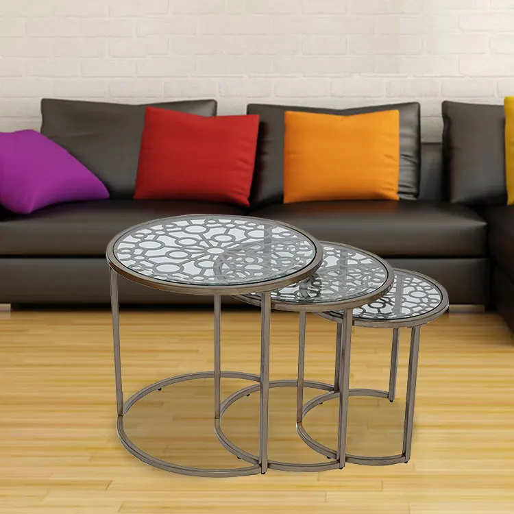 Small Living Room Furniture Modern Luxury 3 Piece Nesting Tea Center Table Metal Round Glass Top Coffee Side Tables Set