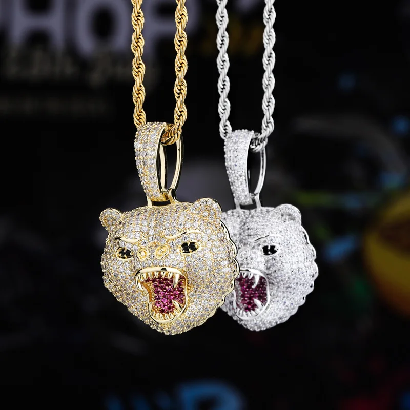 18K Gold Plated Bling Bling Full Iced Out Hip Hop Bear Pendant For Men