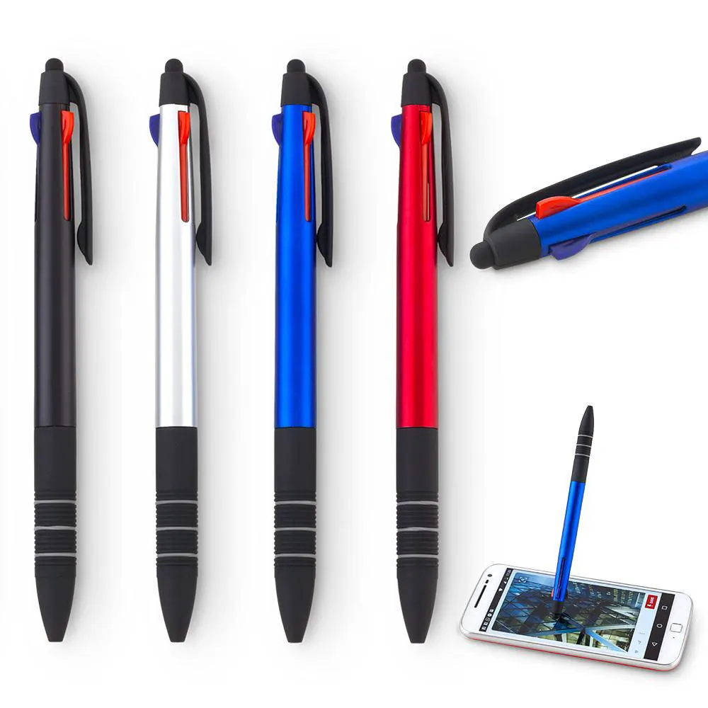 customized 3 color ink ball pen with stylus touch on top-custom logo plastic stylus ball pen for smartphone black blue red ink