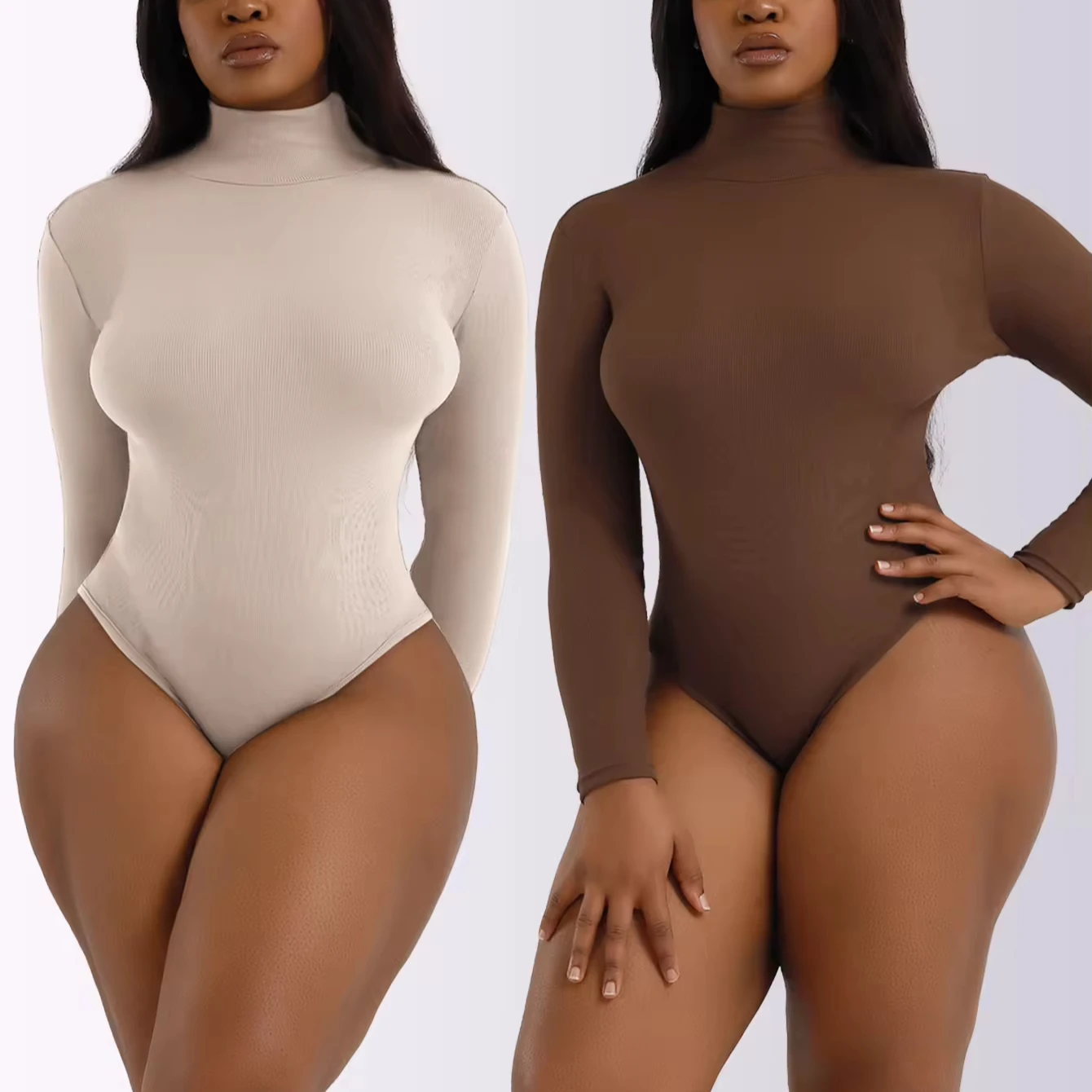 Customized Sexy Women Full Sculpting Thong Tummy Control Shapewear Seamless Turtleneck One Piece Long Sleeve Bodysuit