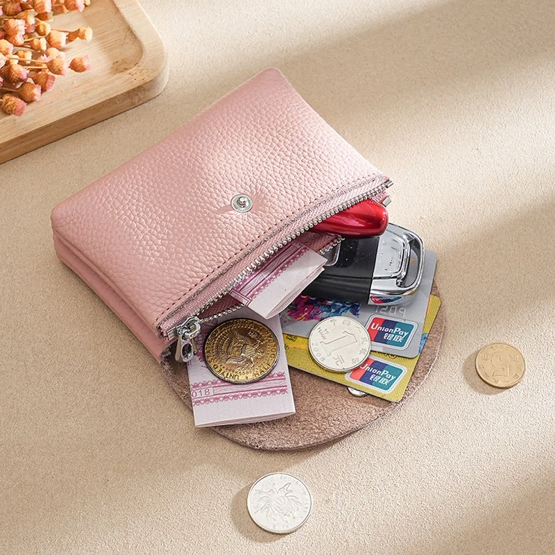 Genuine Leather Men Wallets Women Mini Double Layer ID Credit Card Holders Coin Purse Pouch Storage Bag Short Business Purses