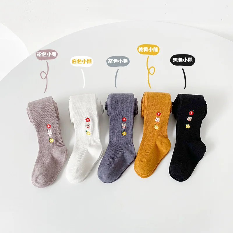 Embroidered Flower Children Baby Pantyhose Kids Girl White Cotton Knitted Ribbed Tights