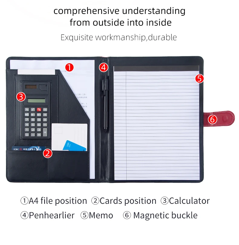 Multifunction Red PU leather A4 Size Padfolio With Calculator Portfolio File Folder Can Be Custom