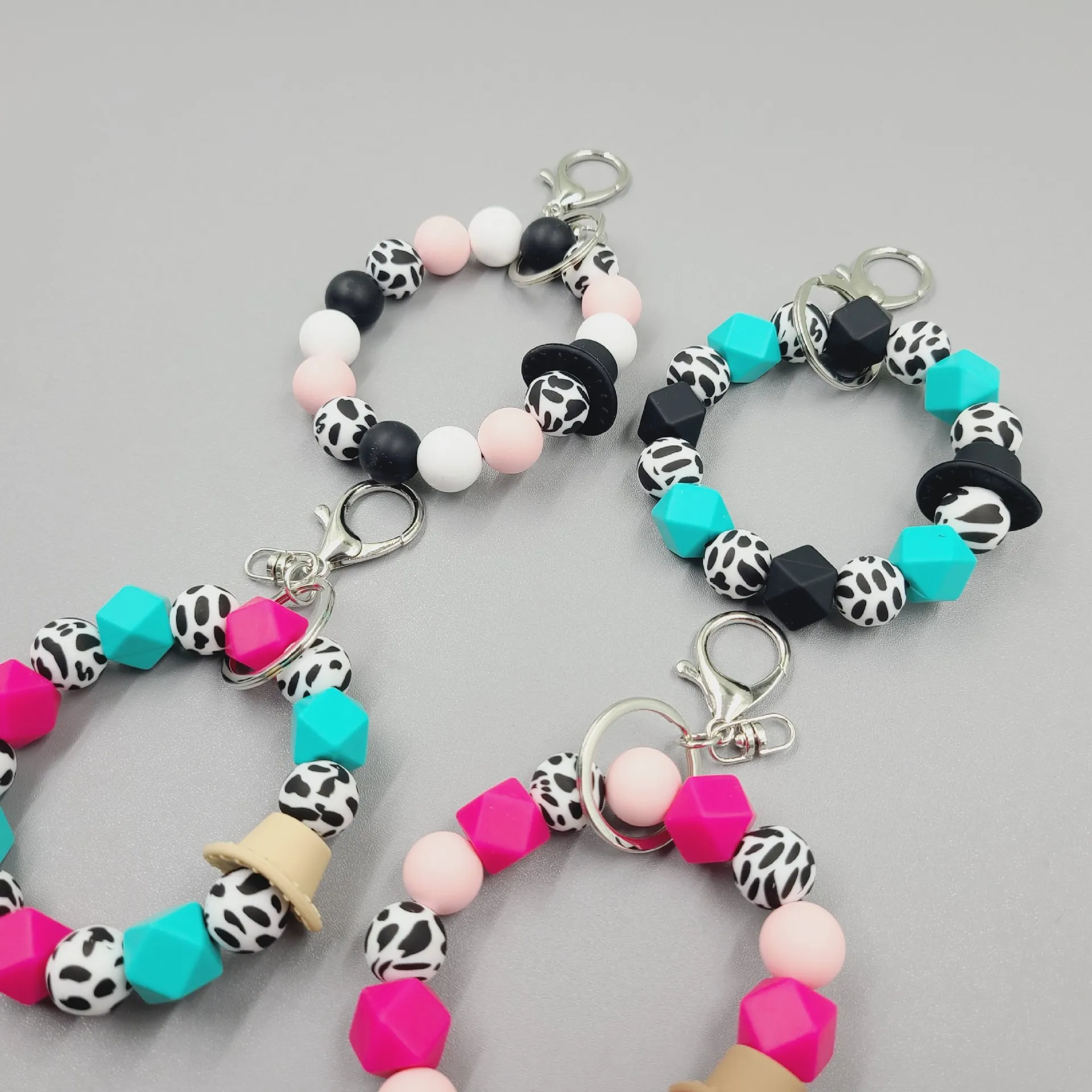 New Design Western Cowboy Print Wristlet Silicone Beaded Keychain gift for her keyring charm jewelry Accessories