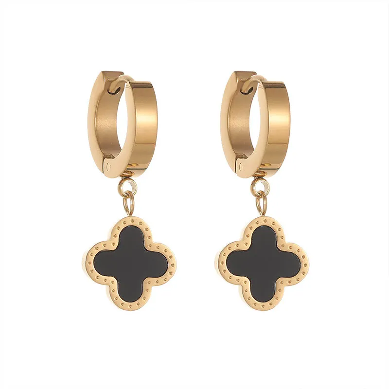 Stainless Steel Flower Earrings With Shell Friendship Party Gift Lucky 4 Leaf Clover Pendant Hoop Earrings for Women Girls
